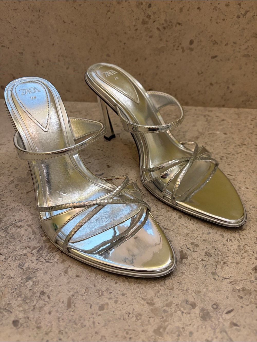 ZARA Metallic Silver Criss-Cross Front Straps High Heel Mules Size 38 EURO 8 US